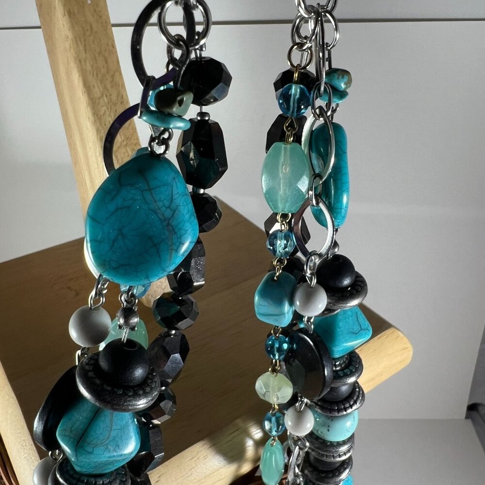 2 Turquoise & Black Beaded Keychain With Crackle Glass Accent Multi-Toned Gemsto - Picture 4 of 7